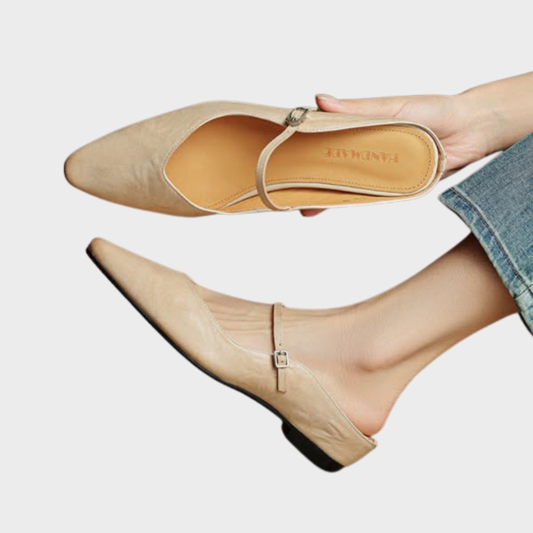 Women's Pointed-Toe Leather Mary Jane Buckle Strap Flat Mules - Beige