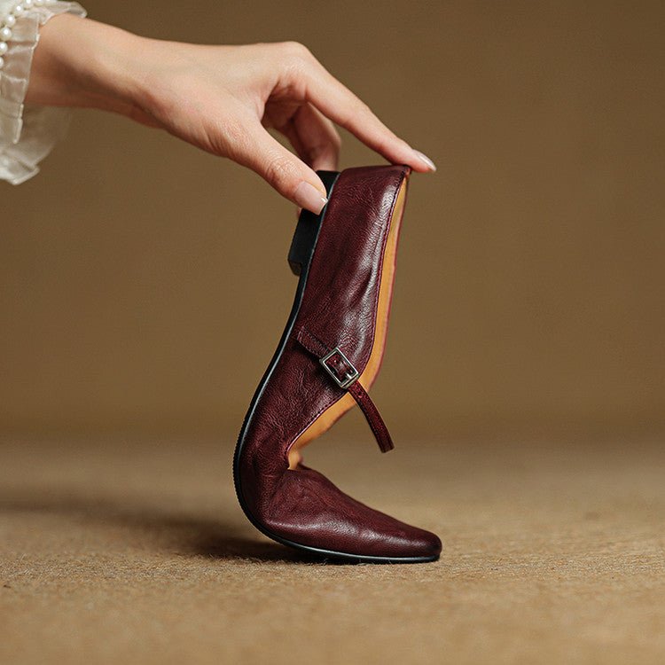 Women's Pointed-Toe Leather Mary Jane Buckle Strap Flat Mules