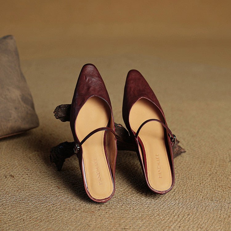 Women's Pointed-Toe Leather Mary Jane Buckle Strap Flat Mules
