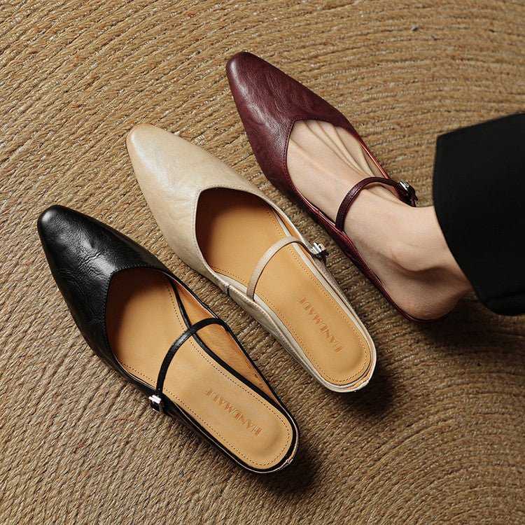 Women's Pointed-Toe Leather Mary Jane Buckle Strap Flat Mules