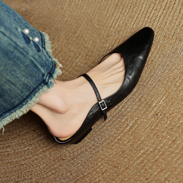 Women's Pointed-Toe Leather Mary Jane Buckle Strap Flat Mules