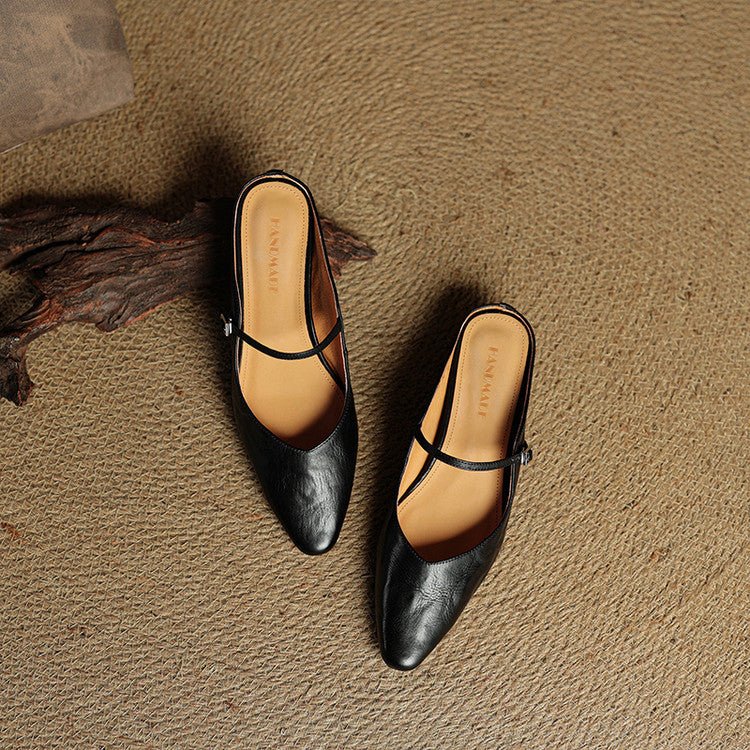Women's Pointed-Toe Leather Mary Jane Buckle Strap Flat Mules