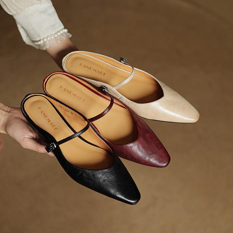 Women's Pointed-Toe Leather Mary Jane Buckle Strap Flat Mules