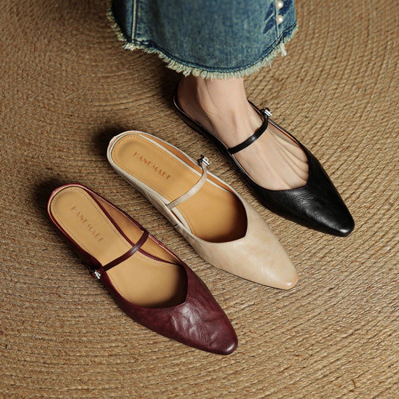 Women's Pointed-Toe Leather Mary Jane Buckle Strap Flat Mules