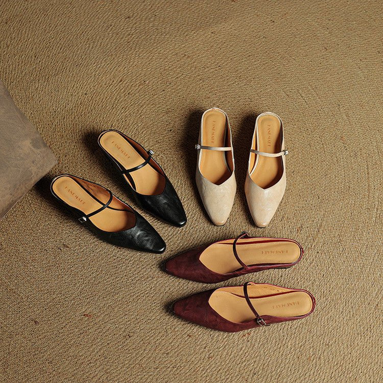 Women's Pointed-Toe Leather Mary Jane Buckle Strap Flat Mules