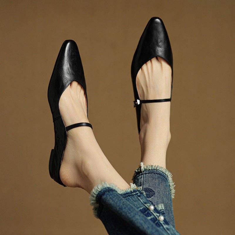 Women's Pointed-Toe Leather Mary Jane Buckle Strap Flat Mules - Schwarz