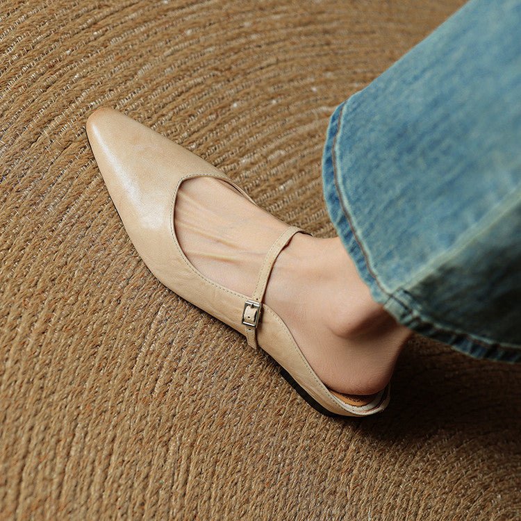 Women's Pointed-Toe Leather Mary Jane Buckle Strap Flat Mules