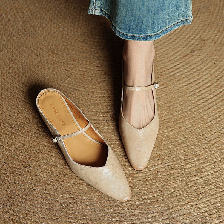 Women's Pointed-Toe Leather Mary Jane Buckle Strap Flat Mules
