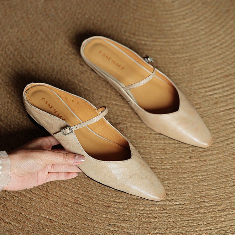 Women's Pointed-Toe Leather Mary Jane Buckle Strap Flat Mules