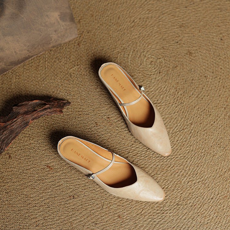 Women's Pointed-Toe Leather Mary Jane Buckle Strap Flat Mules