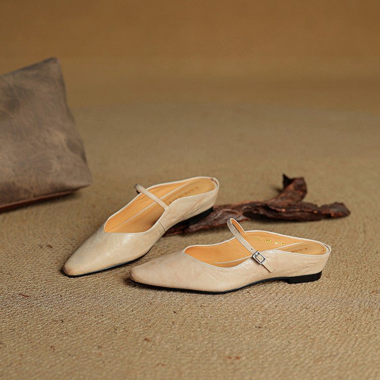 Women's Pointed-Toe Leather Mary Jane Buckle Strap Flat Mules