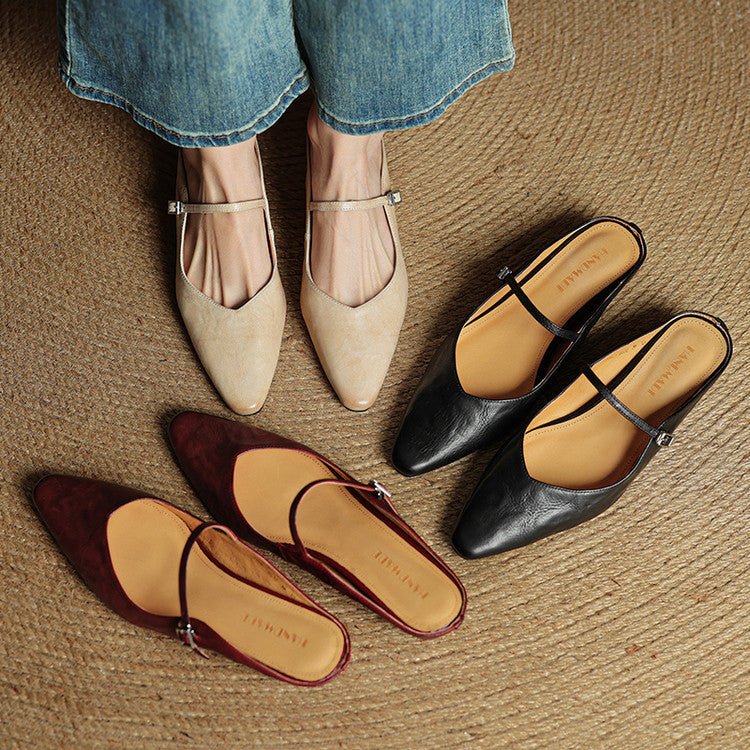 Women's Pointed-Toe Leather Mary Jane Buckle Strap Flat Mules