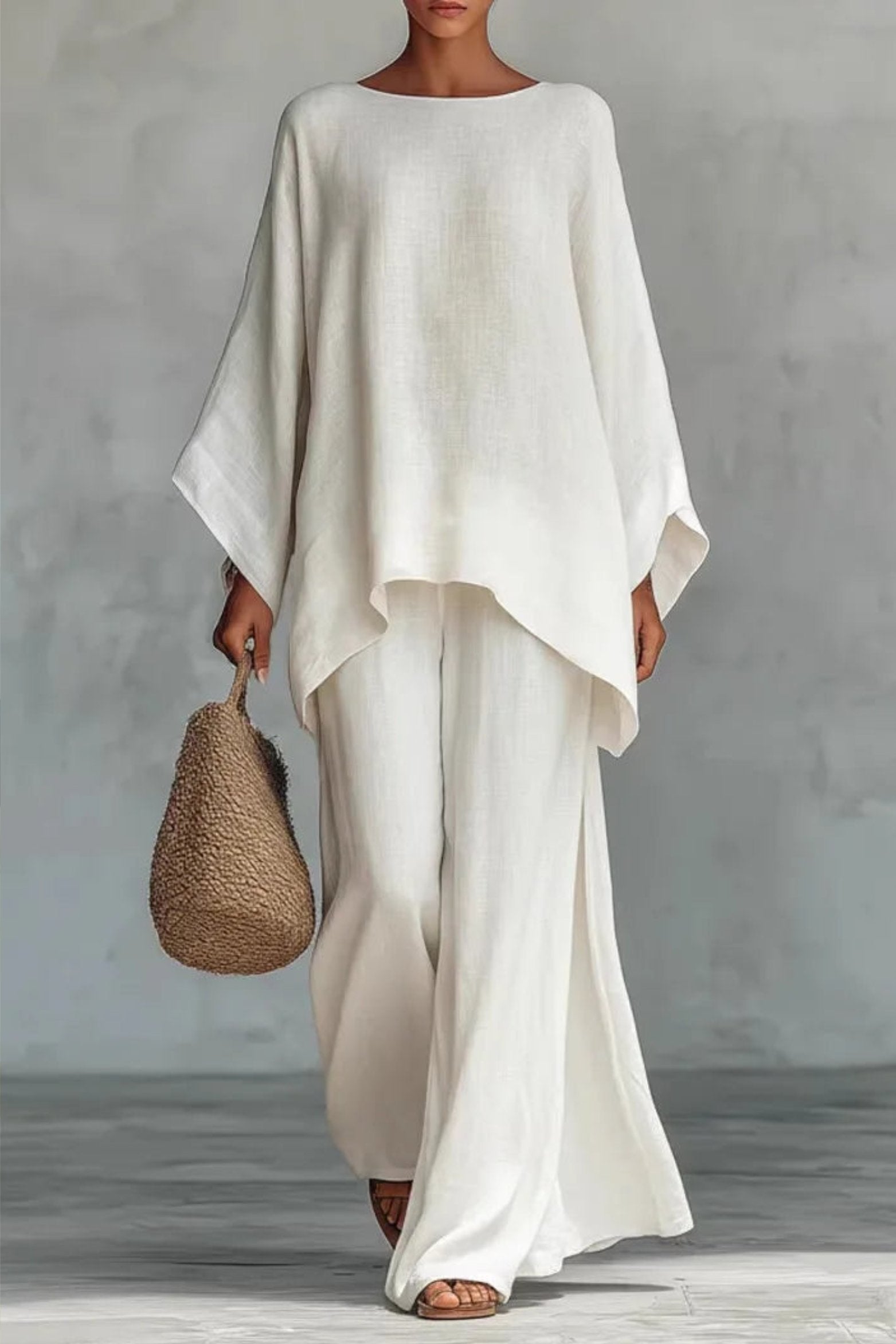 Women's Relaxed Batwing-Sleeve Linen-Blend Wide-Leg Two-Piece Set - White