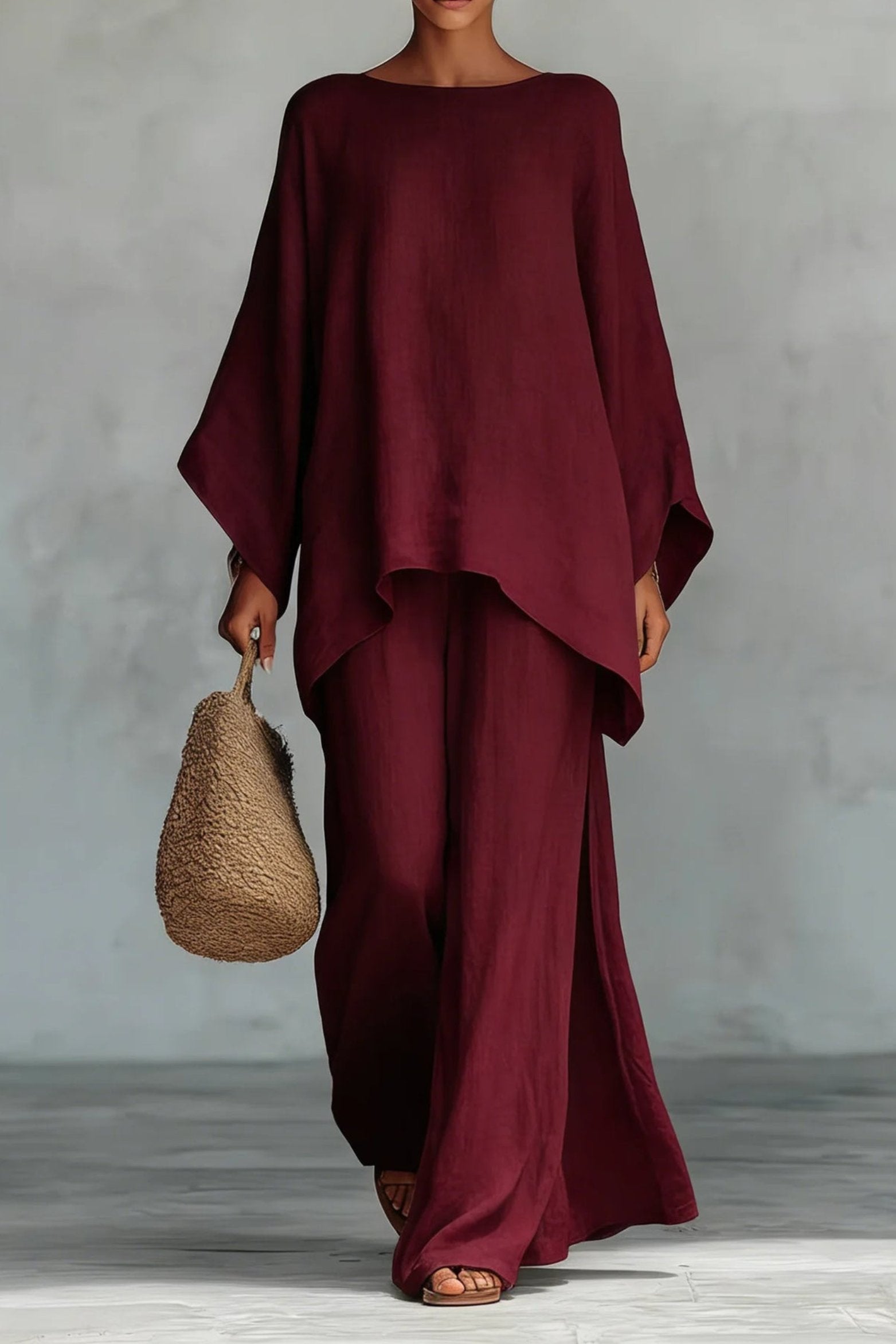 Women's Relaxed Batwing-Sleeve Linen-Blend Wide-Leg Two-Piece Set - Burgundy