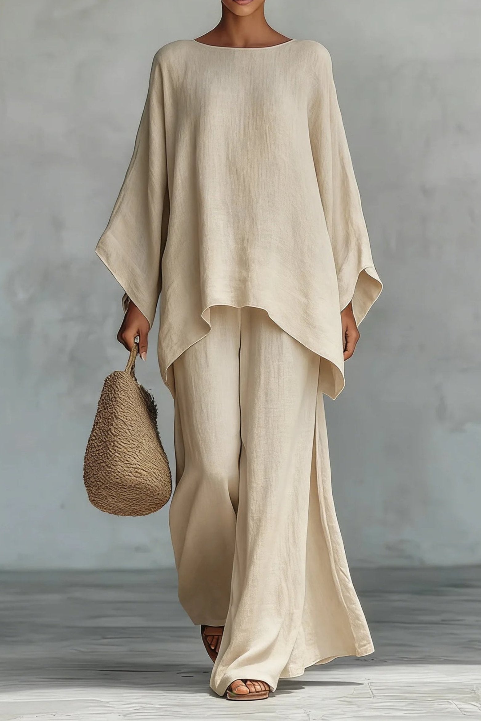 Women's Relaxed Batwing-Sleeve Linen-Blend Wide-Leg Two-Piece Set - Khaki