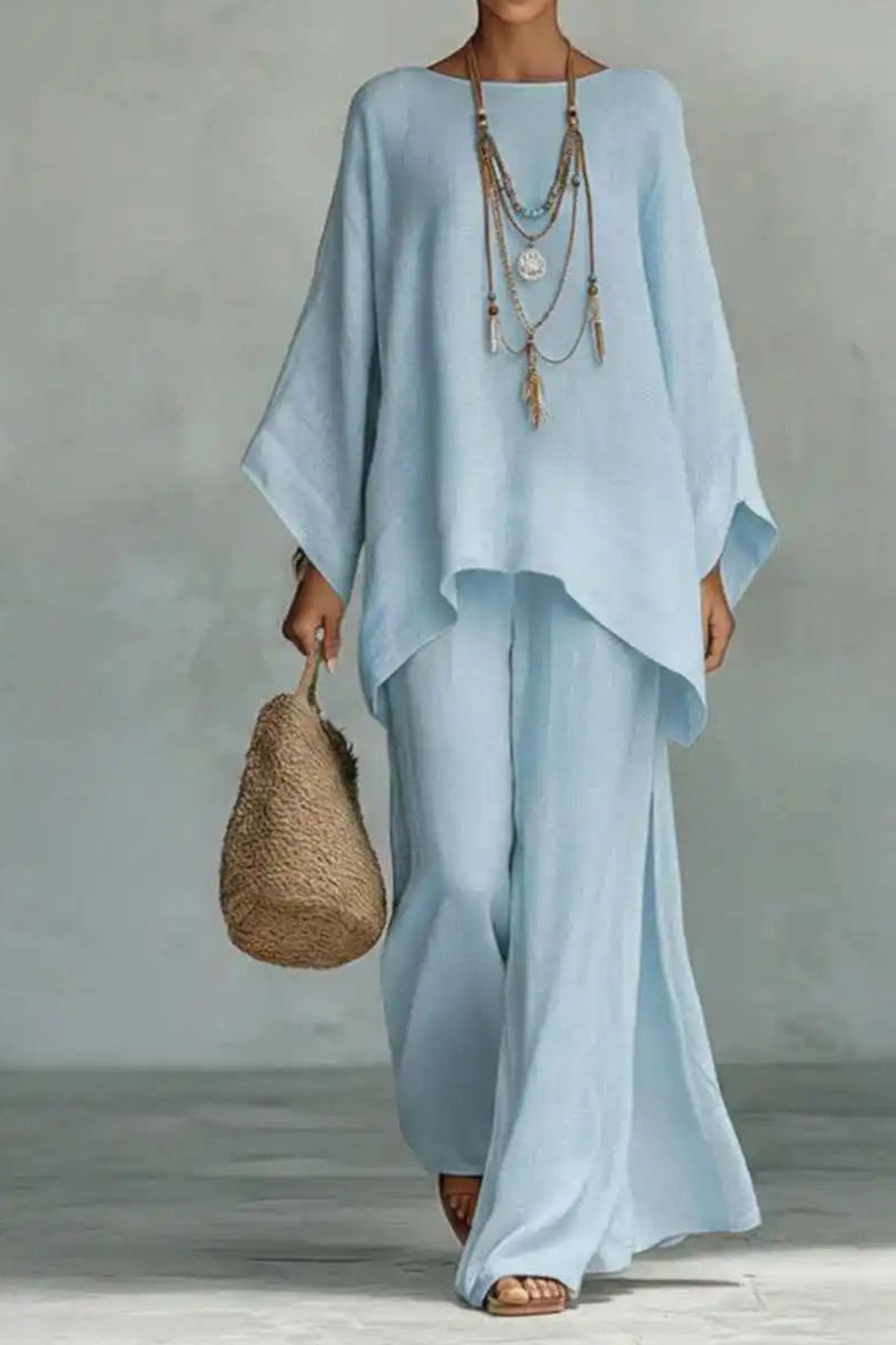 Women's Relaxed Batwing-Sleeve Linen-Blend Wide-Leg Two-Piece Set - Light Blue
