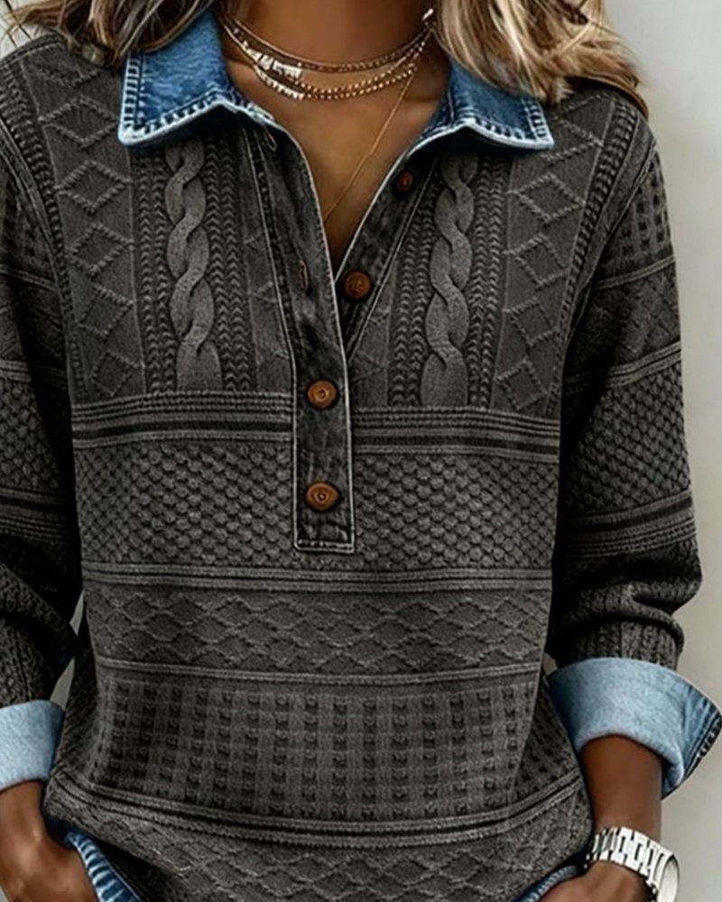 Women's Relaxed-Fit Cable-Knit Half-Button Collar Sweatshirt