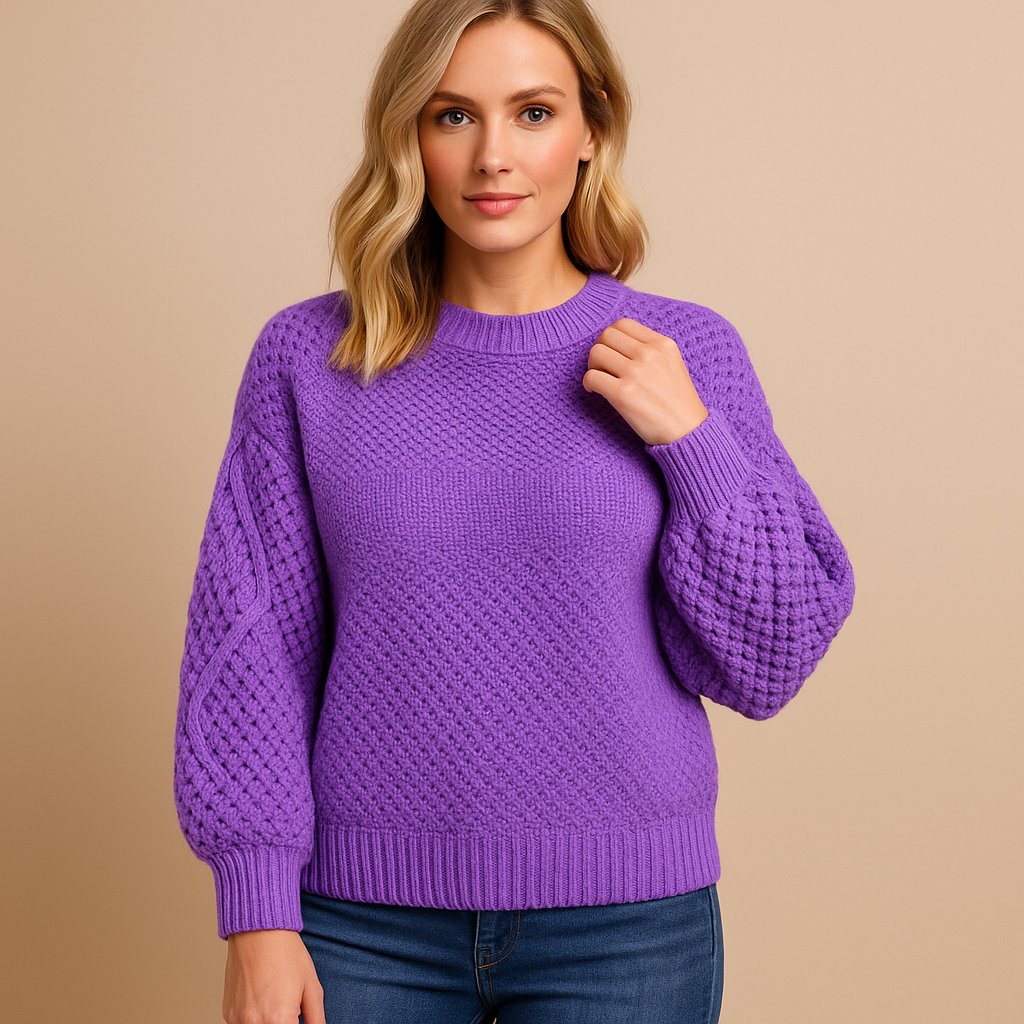 Women's Relaxed-Fit Crew Neck Cable-Knit Pullover Sweater - Violet