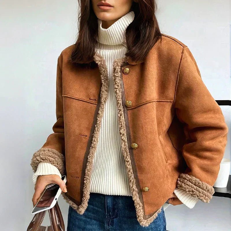 Women's Relaxed-Fit Faux-Shearling Button-Front Jacket - Brown