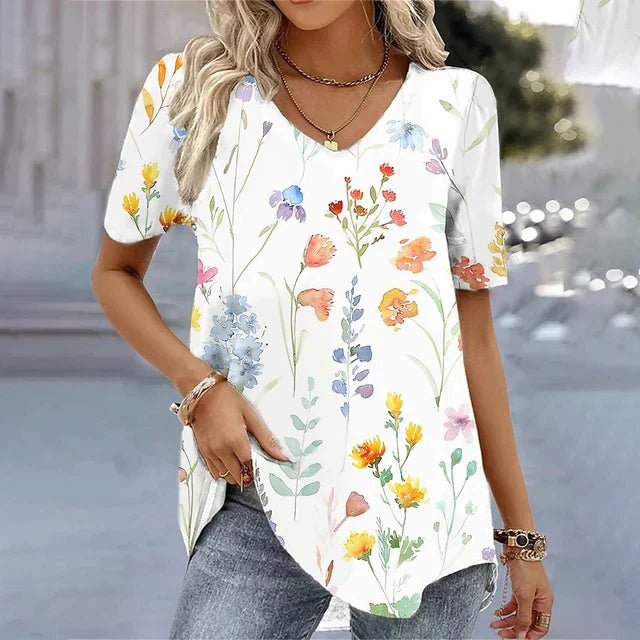Women's Relaxed-Fit Floral Print V-Neck Short Sleeve Top - Beige