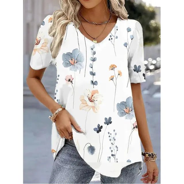 Women's Relaxed-Fit Floral Print V-Neck Short Sleeve Top - White