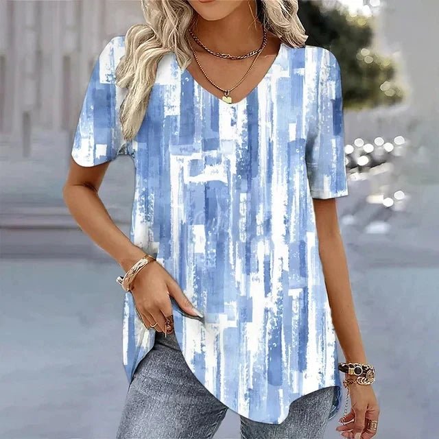 Women's Relaxed-Fit Floral Print V-Neck Short Sleeve Top - Blue