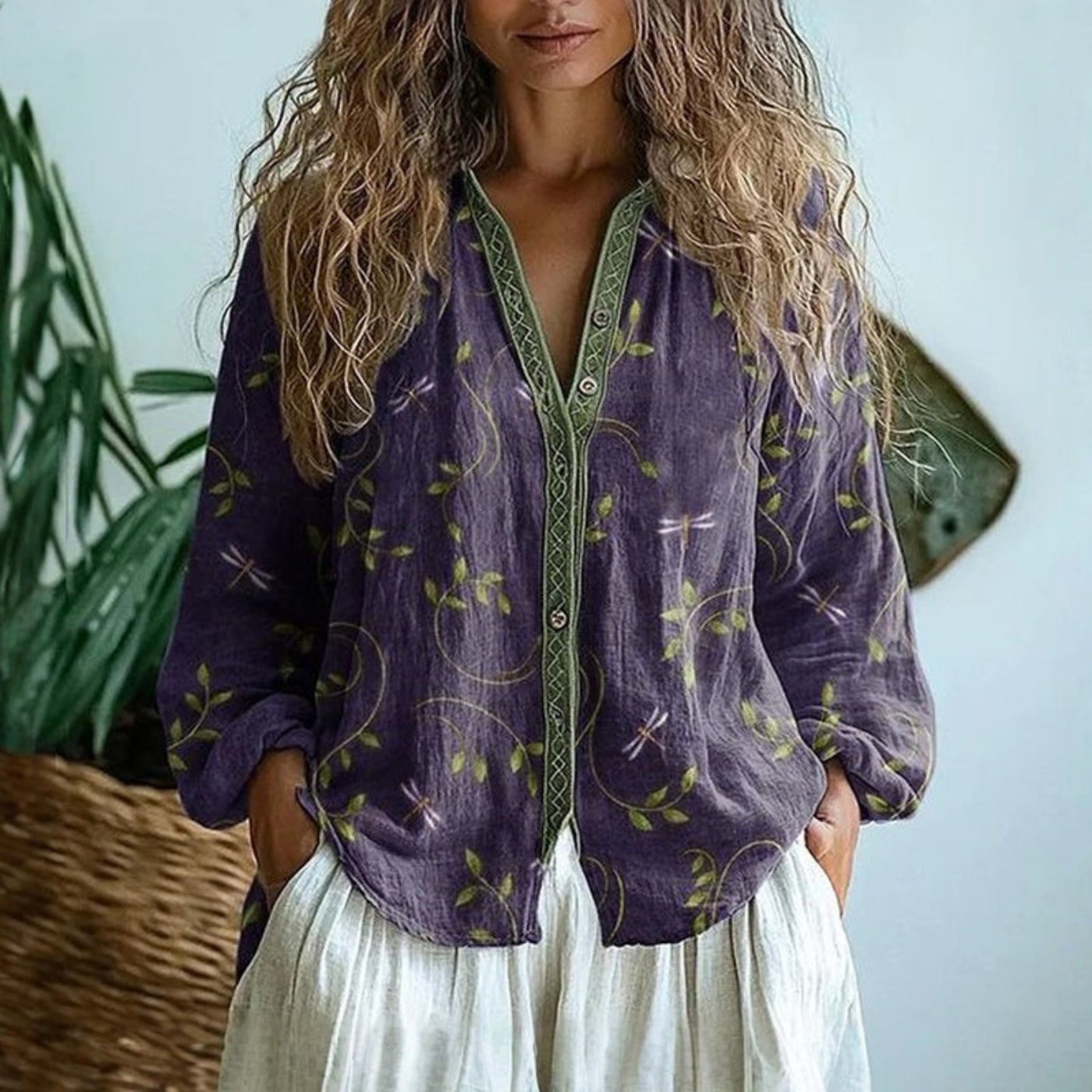 Women's Relaxed-Fit Linen Long-Sleeve V-Neck Button-Down Blouse - Purple