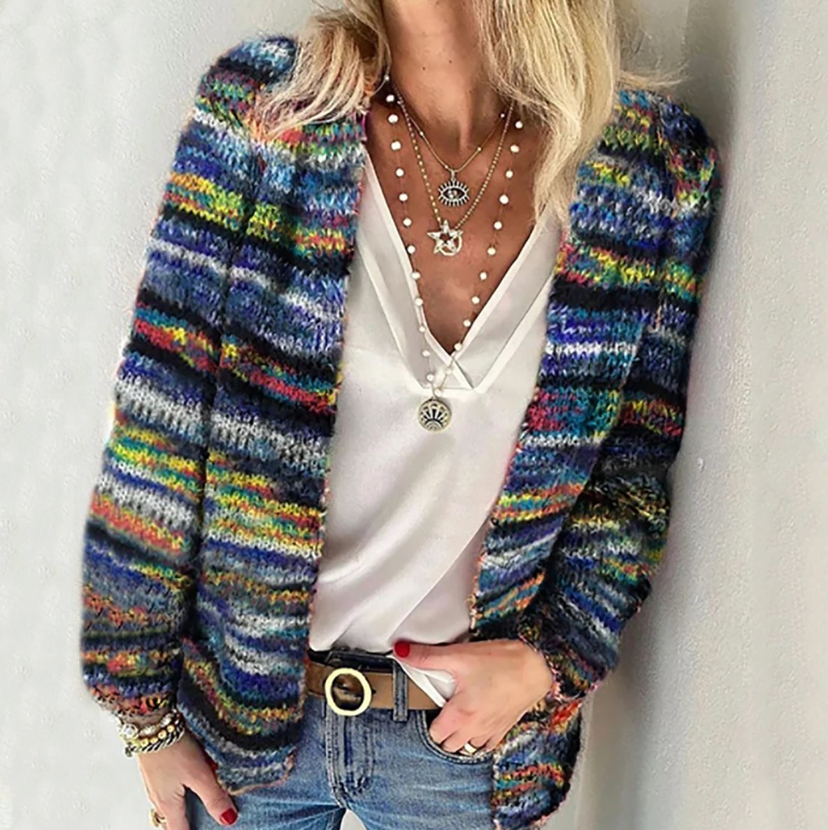 Women's Relaxed-Fit Multicolor Striped Open-Front Knit Cardigan - Blue