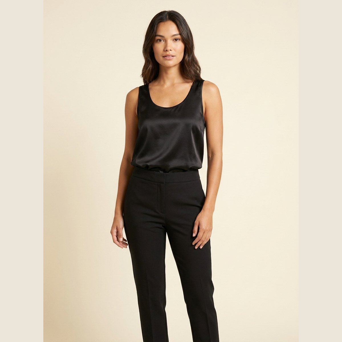 Women's Relaxed-Fit Satin Tank Top Scoop Neck - Black