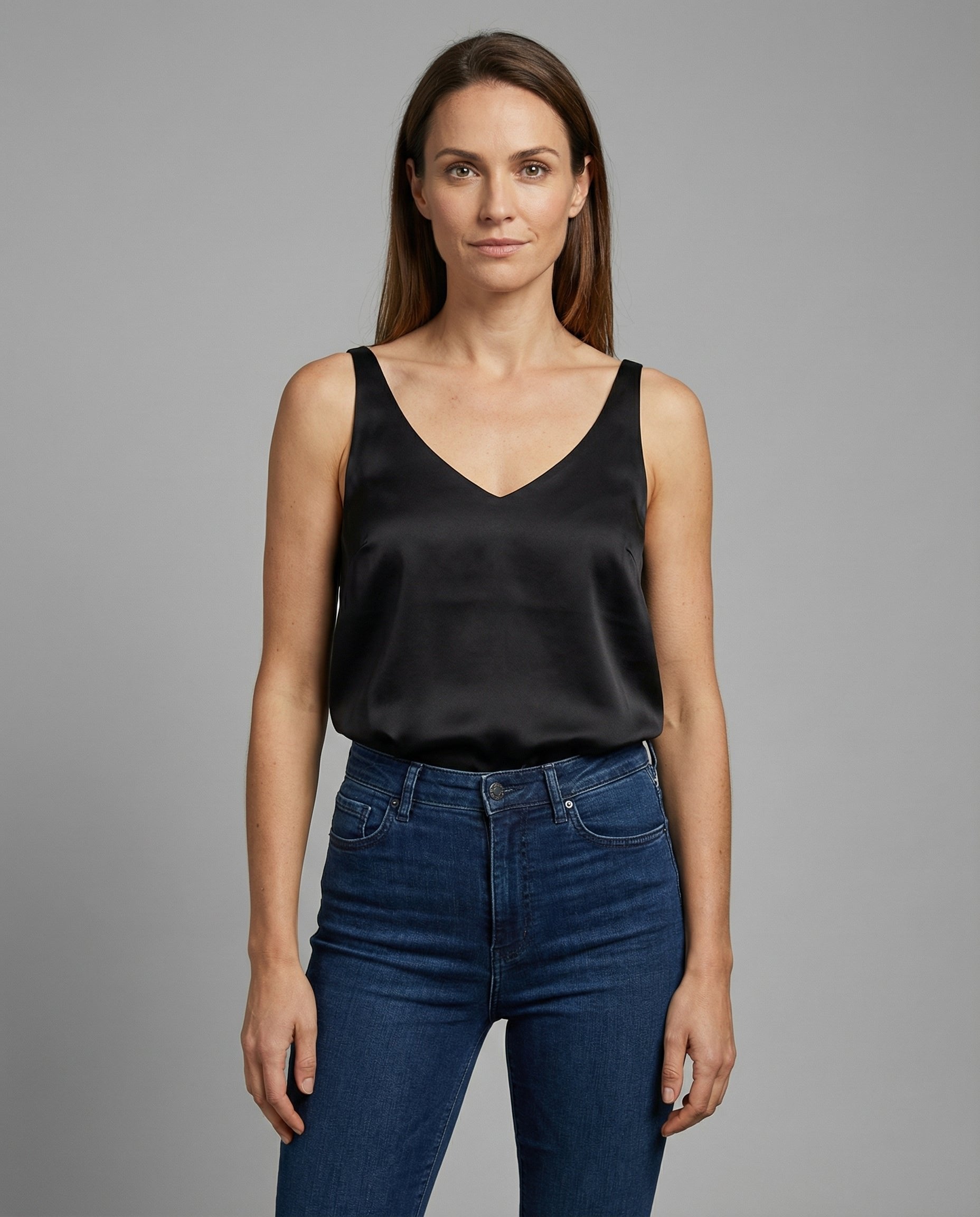 Women's Relaxed-Fit Satin V-Neck Wide-Strap Camisole Top - Black