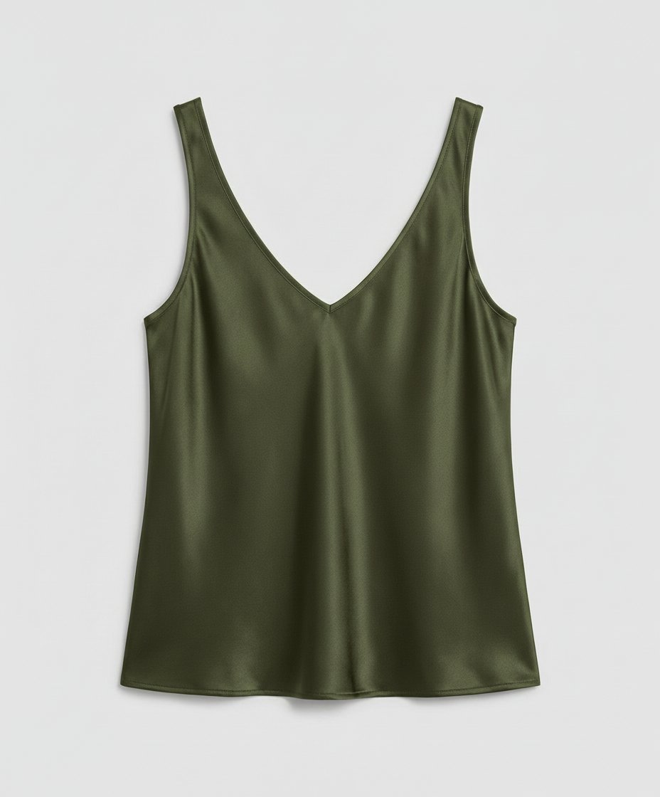 Women's Relaxed-Fit Satin V-Neck Wide-Strap Camisole Top - Army Green