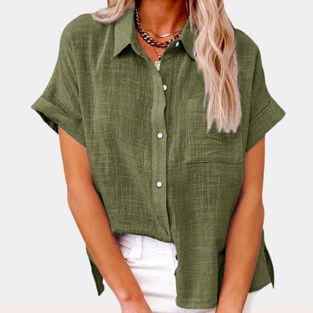 Women's Relaxed-Fit Short-Sleeve Button-Down Shirt Chest Pocket - Green