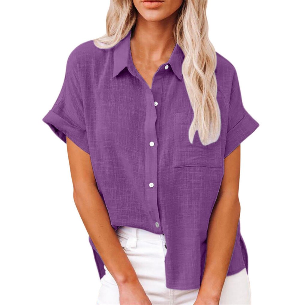 Women's Relaxed-Fit Short-Sleeve Button-Down Shirt Chest Pocket - Purple