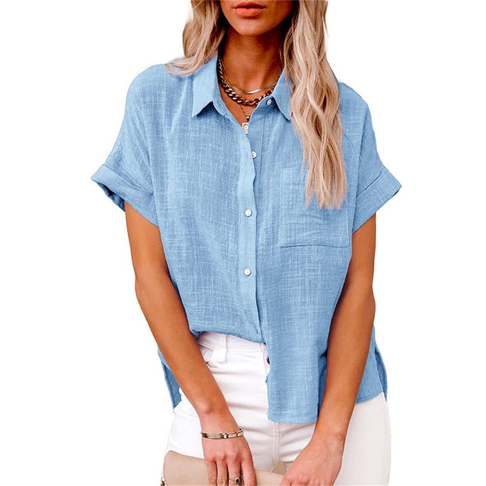 Women's Relaxed-Fit Short-Sleeve Button-Down Shirt Chest Pocket - Light Blue