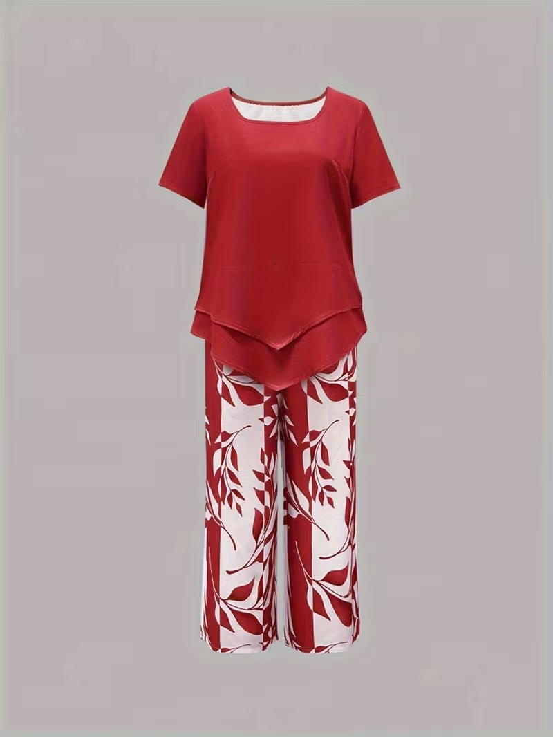Women's Relaxed-Fit Short-Sleeve Leaf Print Two-Piece Pants Set