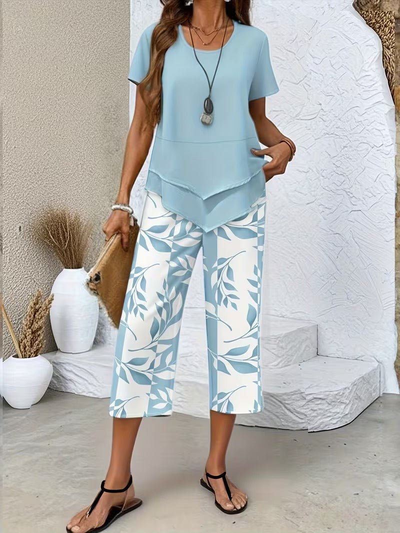 Women's Relaxed-Fit Short-Sleeve Leaf Print Two-Piece Pants Set - Light Blue