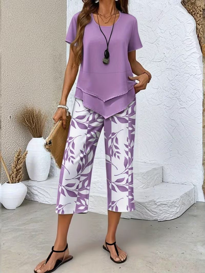 Women's Relaxed-Fit Short-Sleeve Leaf Print Two-Piece Pants Set - Purple