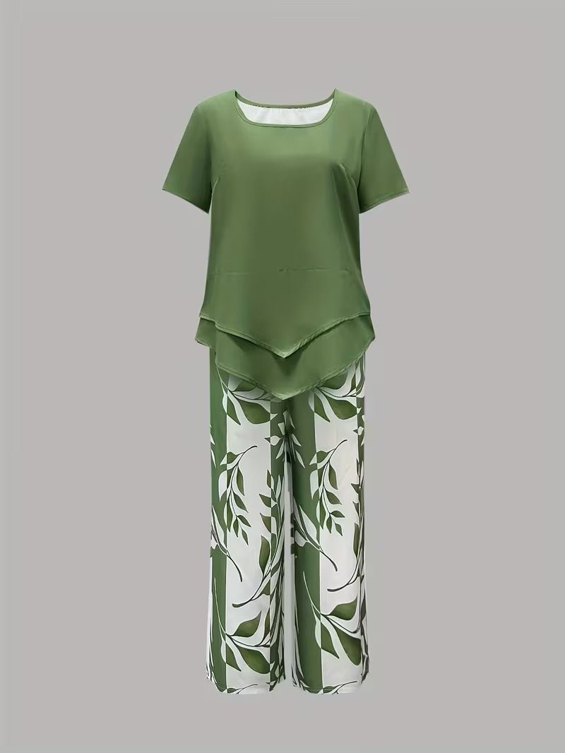 Women's Relaxed-Fit Short-Sleeve Leaf Print Two-Piece Pants Set
