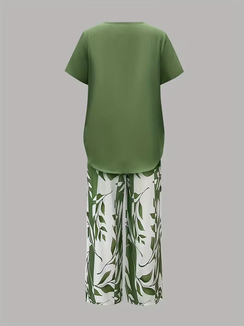 Women's Relaxed-Fit Short-Sleeve Leaf Print Two-Piece Pants Set