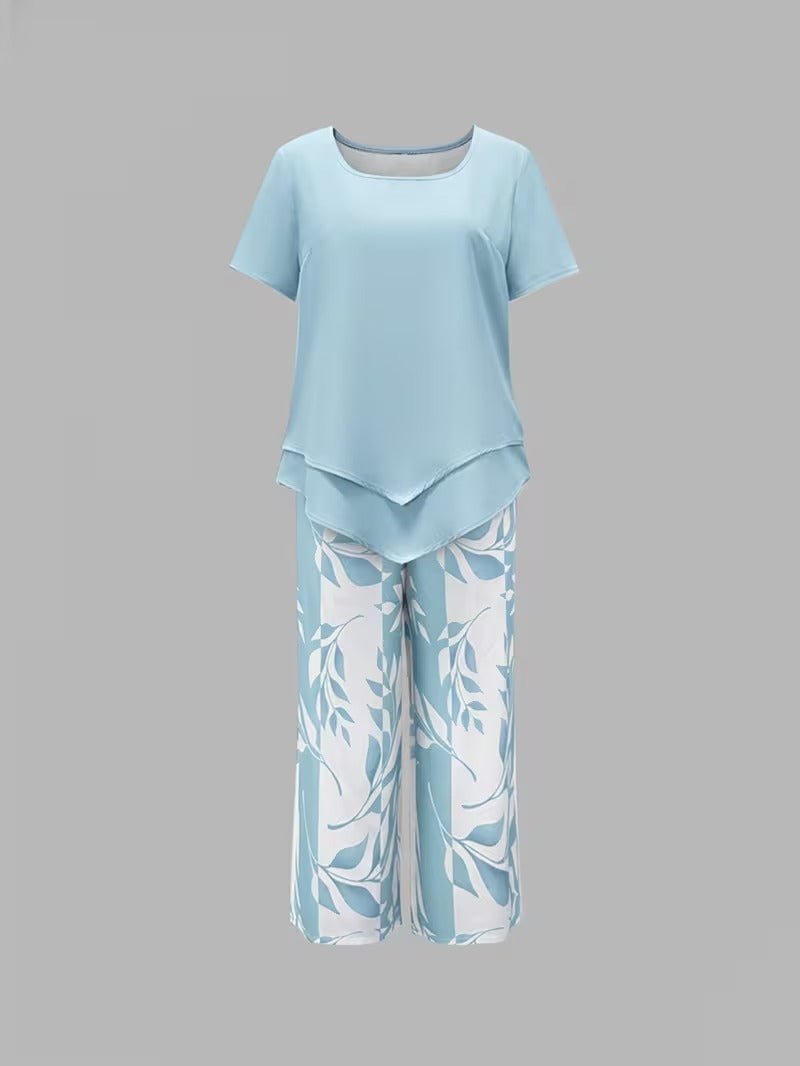 Women's Relaxed-Fit Short-Sleeve Leaf Print Two-Piece Pants Set