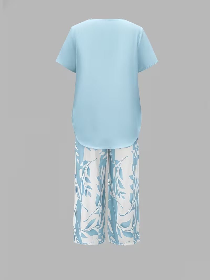 Women's Relaxed-Fit Short-Sleeve Leaf Print Two-Piece Pants Set