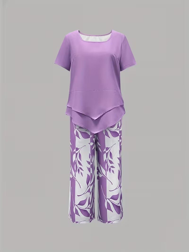 Women's Relaxed-Fit Short-Sleeve Leaf Print Two-Piece Pants Set