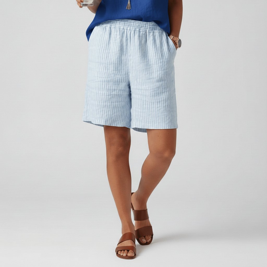 Women's Relaxed-Fit Striped Elastic-Waist Bermuda Shorts - Sky Blue