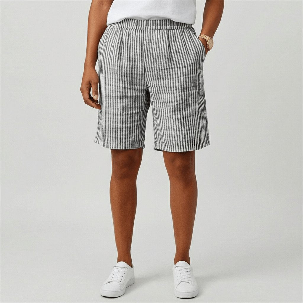 Women's Relaxed-Fit Striped Elastic-Waist Bermuda Shorts - Monochrome Grey