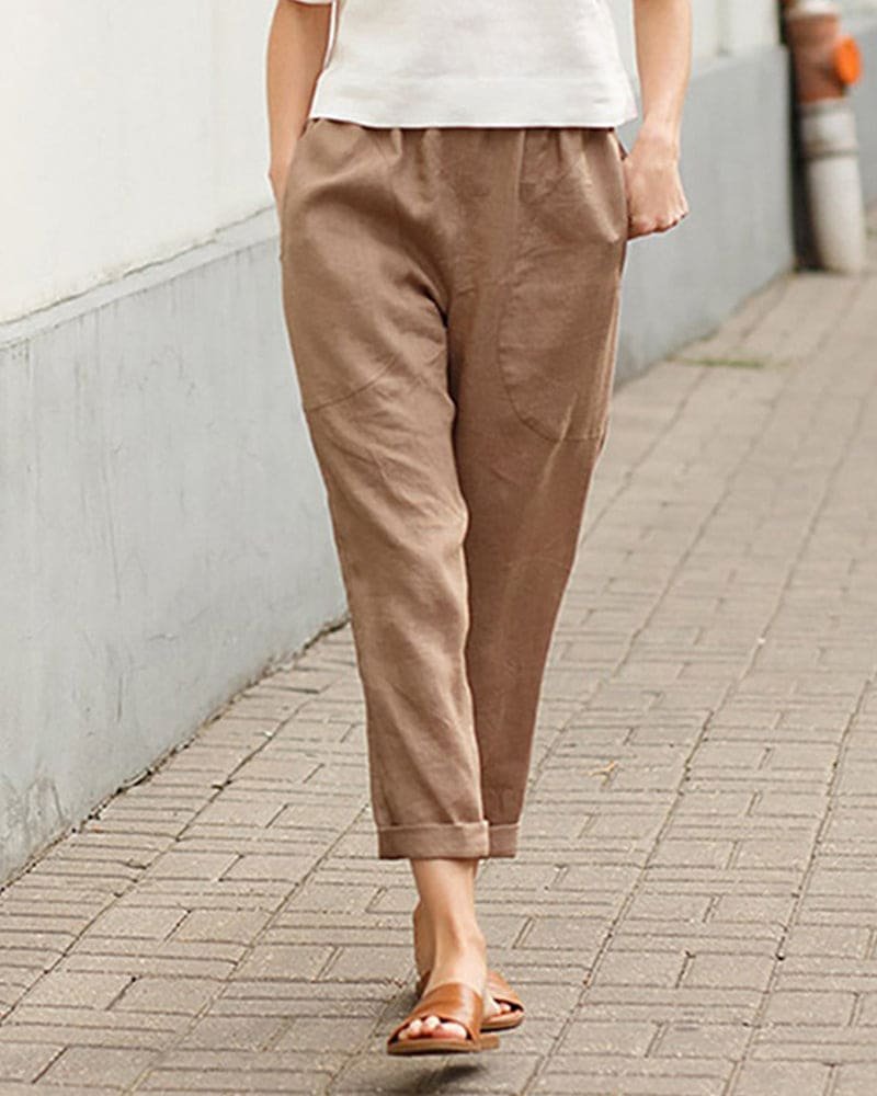 Women's Relaxed-Fit Tapered Linen-Cotton Pants Elastic Waist - Khaki