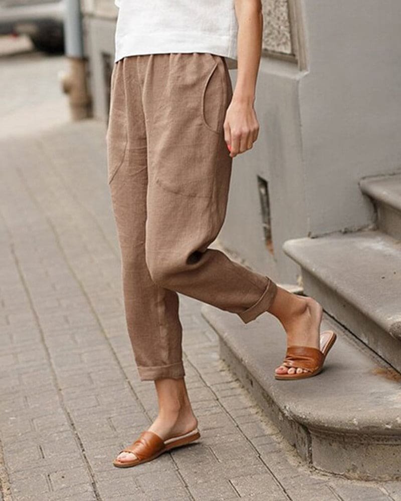 Women's Relaxed-Fit Tapered Linen-Cotton Pants Elastic Waist