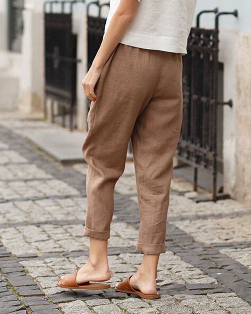 Women's Relaxed-Fit Tapered Linen-Cotton Pants Elastic Waist