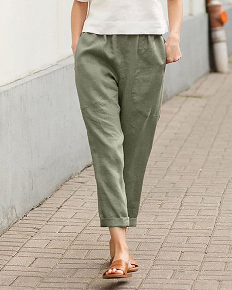 Women's Relaxed-Fit Tapered Linen-Cotton Pants Elastic Waist - Green