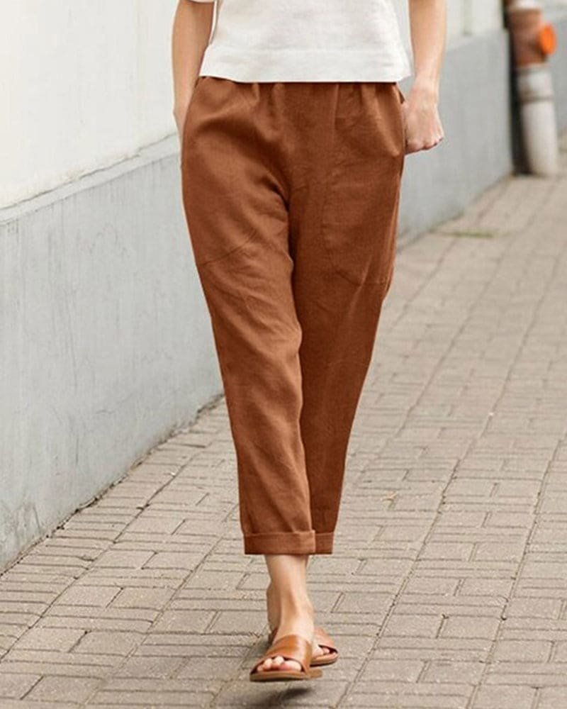 Women's Relaxed-Fit Tapered Linen-Cotton Pants Elastic Waist - Brown