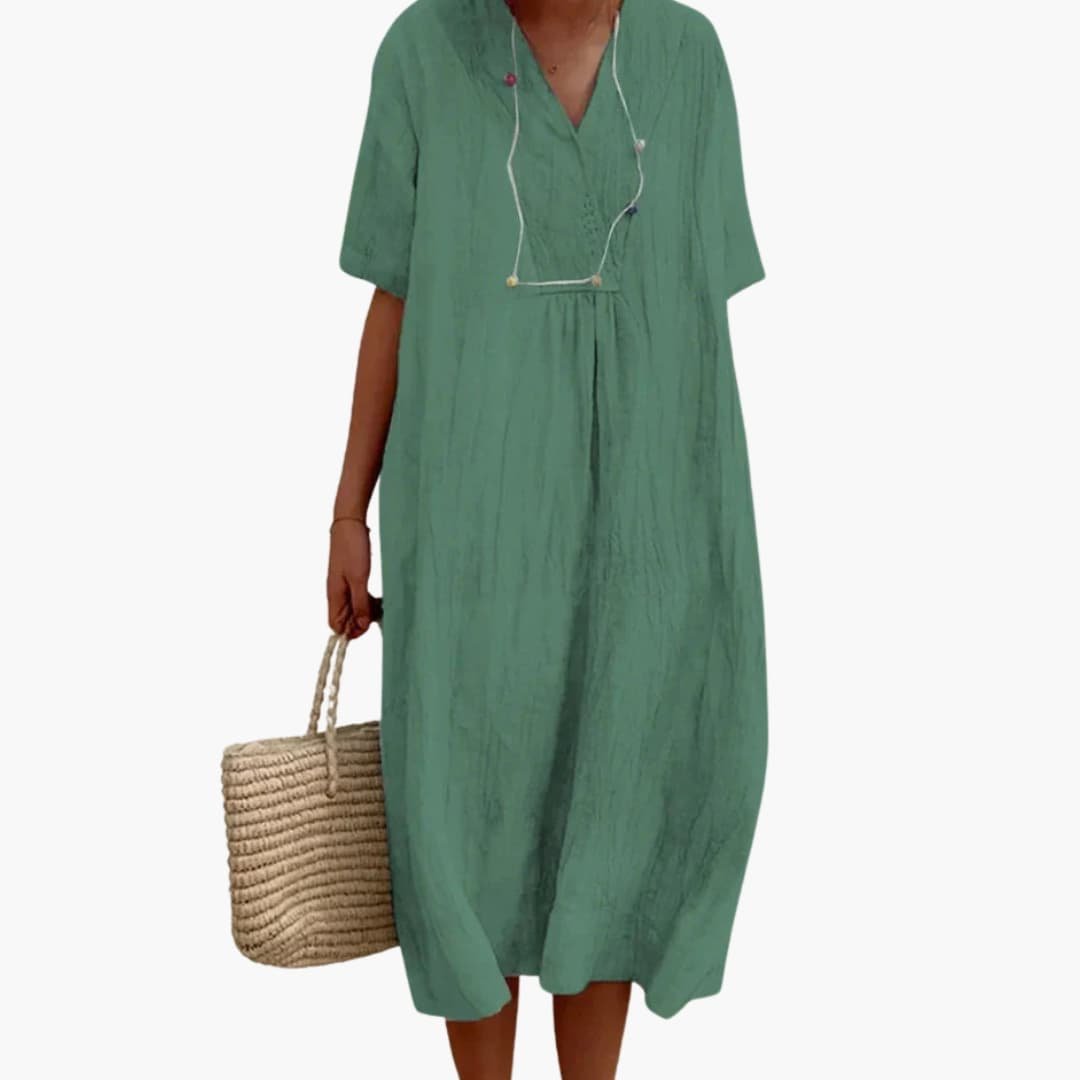Women's Relaxed-Fit V-Neck Button-Placket Linen Midi Dress - Light Green